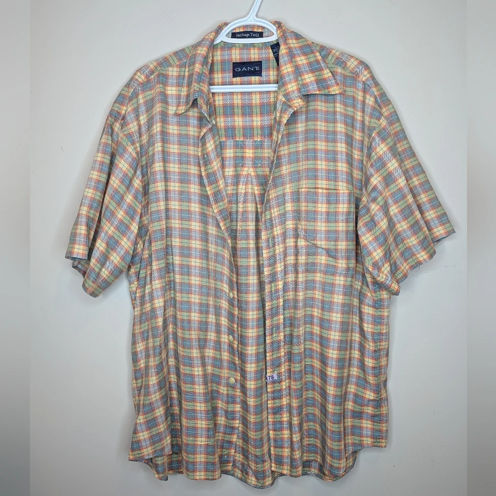 GANT Heritage Twill Plaid Short Sleeve Button Up Shirt Men's Large Vintage - Picture 3 of 9